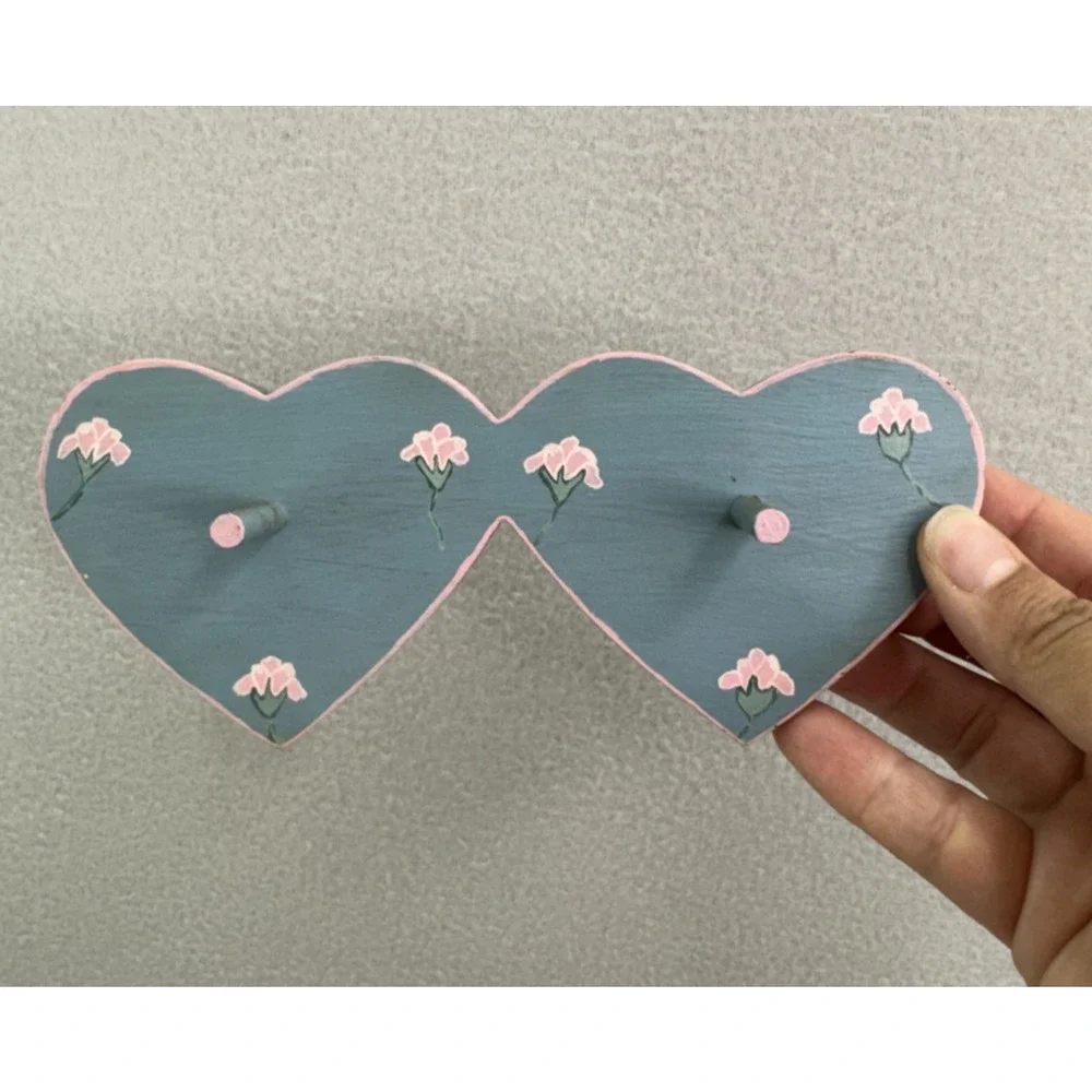 Handcrafted Wooden Heart Jewelry Key Holder Wall Hanger Blue Pink Decor Nursery